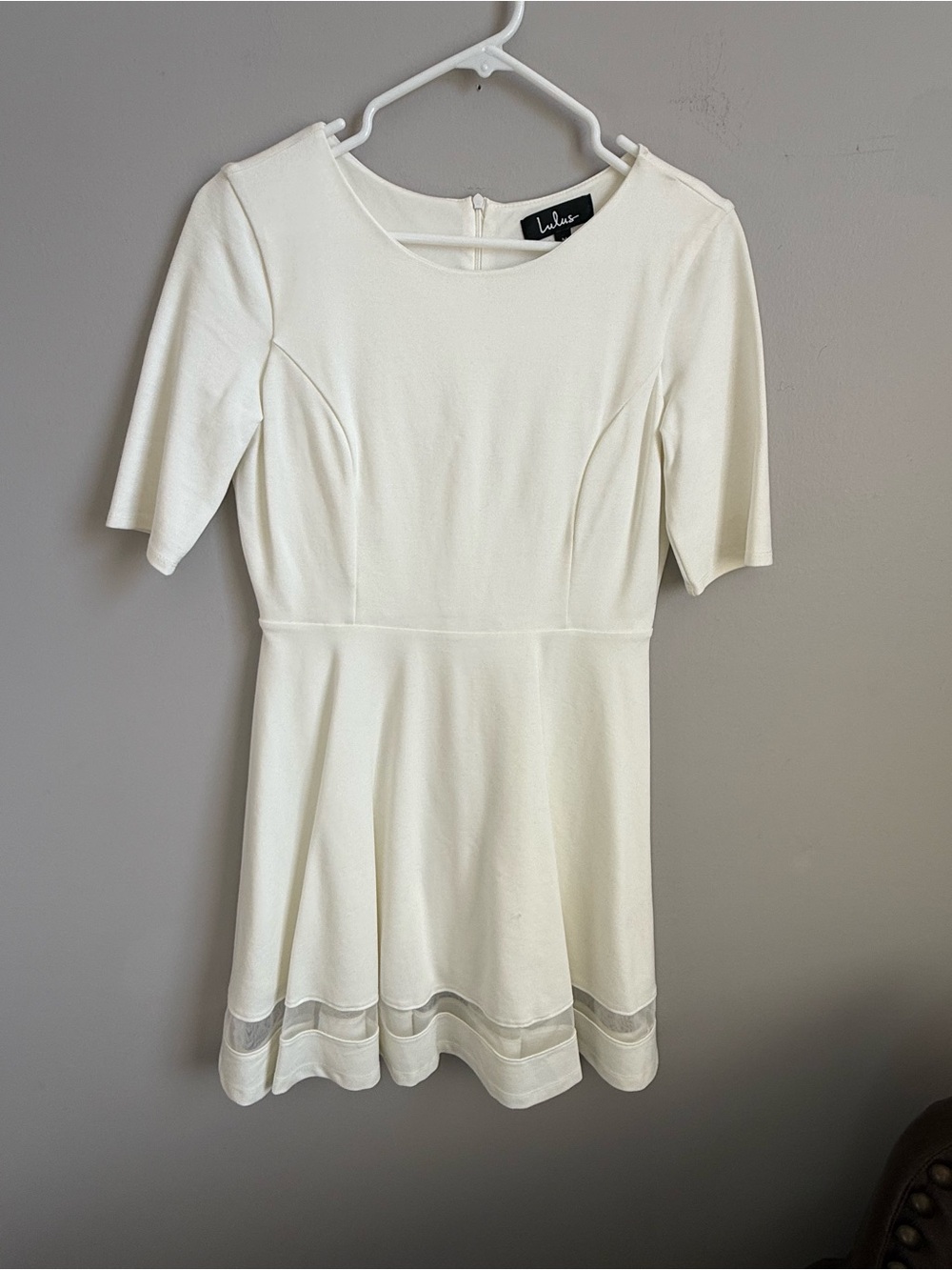 Lulu's White Short-Sleeve A-Line Dress with Sheer Hem